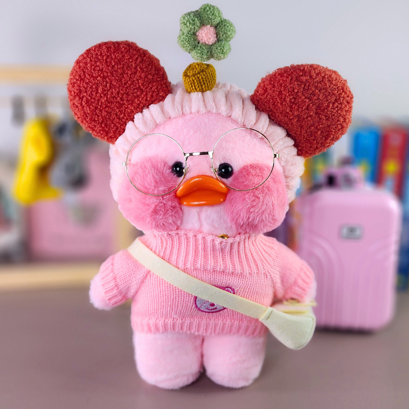 Pato Lalafanfan Rosa Paper Duck de pelúcia com roupas e acessórios blusão rosa urso com faixa Minnie