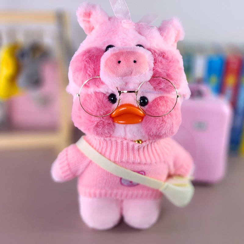 Pato Lalafanfan Rosa Paper Duck de pelúcia com roupas e acessórios blusão rosa urso com touca pig