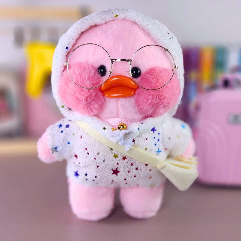 Pato Lalafanfan Rosa Paper Duck de pelúcia com roupas e acessórios moletom estrelas