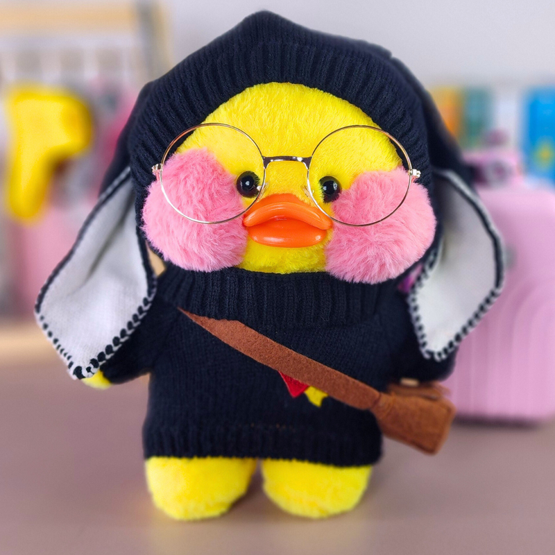 Paper Duck Pato Lalafanfan Amarelo de pelúcia blusão preto com touca orelhuda preta - Pronta Entrega