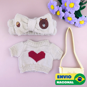 Roupa para Paper Duck Lalafanfan blusão bege com coração e faixa urso - Pronta entrega