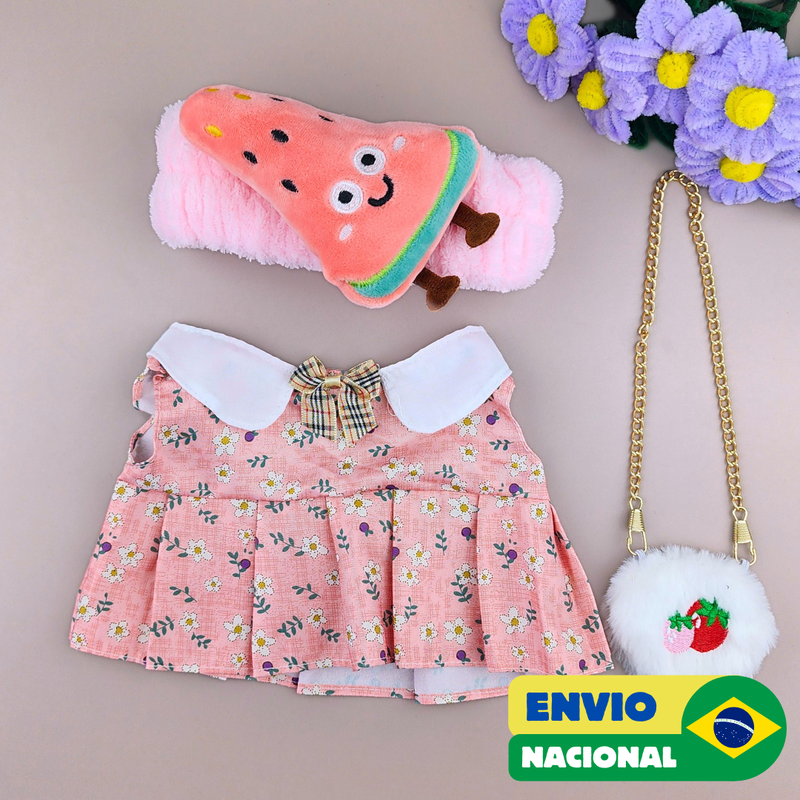 Roupa para Paper Duck Lalafanfan vestido floral rosa e faixa melancia - Pronta entrega