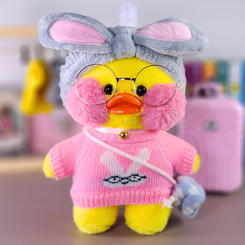 Paper Duck Pato Lalafanfan Amarelo de pelúcia com roupas e acessórios blusão coelho com faixa cinza