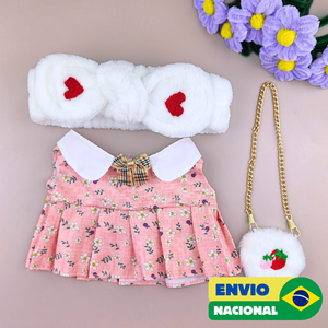 Roupa para Paper Duck Lalafanfan vestido floral rosa e faixa coração - Pronta entrega