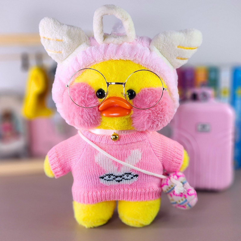 Pato Lalafanfan Amarelo Paper Duck de pelúcia com roupas e acessórios blusão coelho com faixa sakura