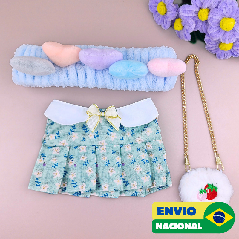 Roupa para Paper Duck Lalafanfan vestido floral verde com faixa corações - Pronta entrega