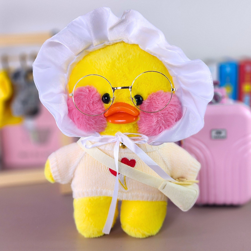 Pato Lalafanfan Amarelo Paper Duck de pelúcia com roupas e acessórios blusão branco corações com touca bebê