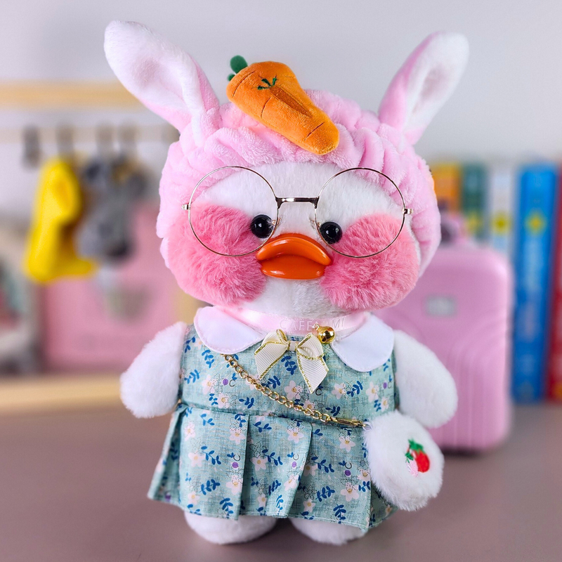 Pato Lalafanfan Branco Paper Duck de pelúcia com roupas e acessórios vestido floral verde com faixa orelhas de coelho com cenoura