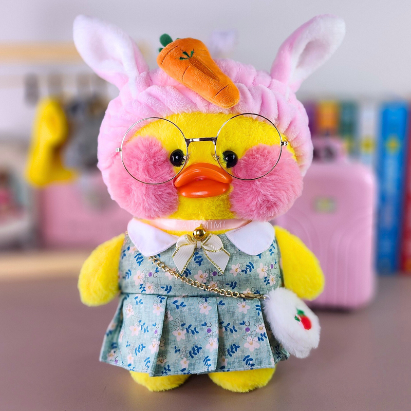 Pato Lalafanfan Amarelo Paper Duck de pelúcia com roupas e acessórios vestido floral verde com faixa orelhas de coelho com cenoura