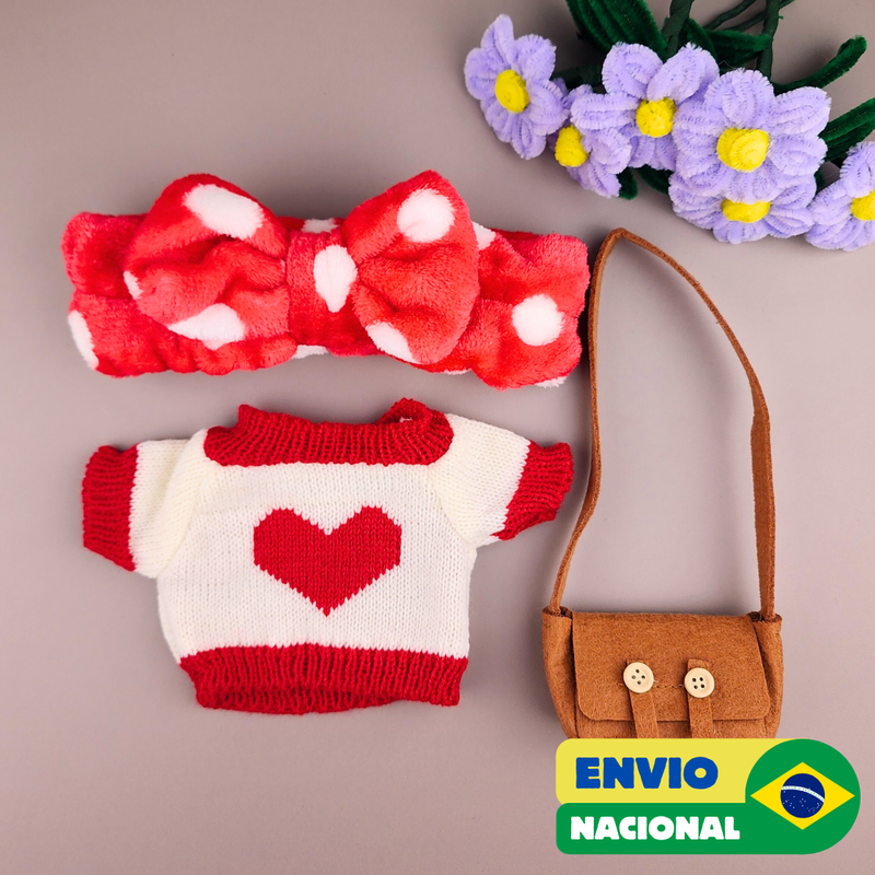 Roupa para Paper Duck Lalafanfan blusão coração com faixa vermelha com bolinha - Pronta entrega