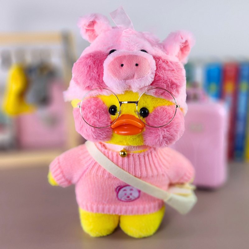 Pato Lalafanfan Amarelo Paper Duck de pelúcia com roupas e acessórios blusão rosa urso com touca pig