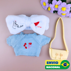 Roupa para Paper Duck Lalafanfan blusão azul claro com faixa coração coreano - Pronta entrega