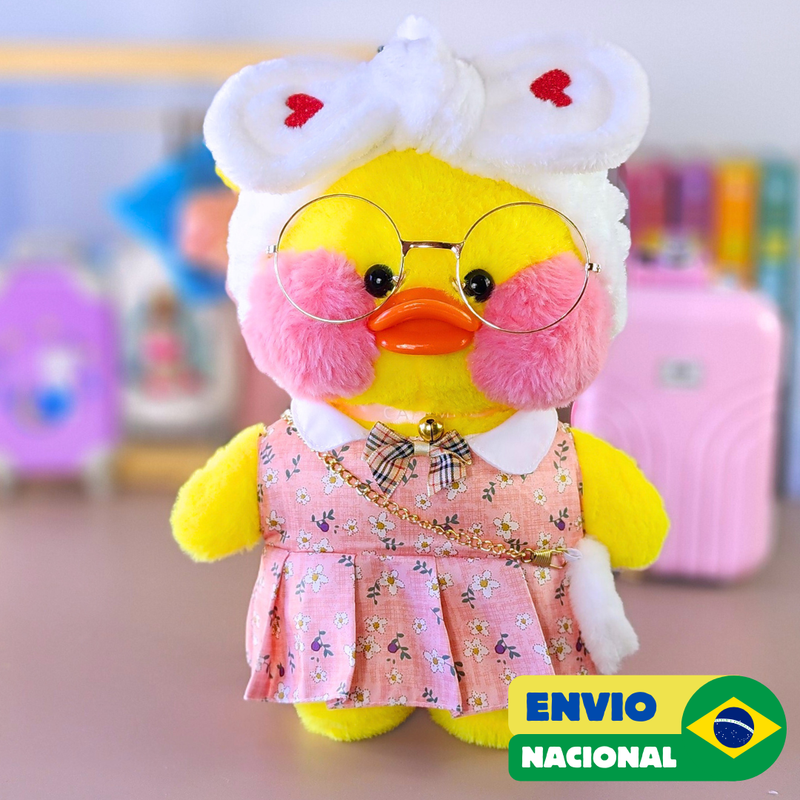 Paper Duck Pato Lalafanfan Amarelo de pelúcia com roupas e acessórios vestido floral rosa com faixa coração - Pronta Entrega