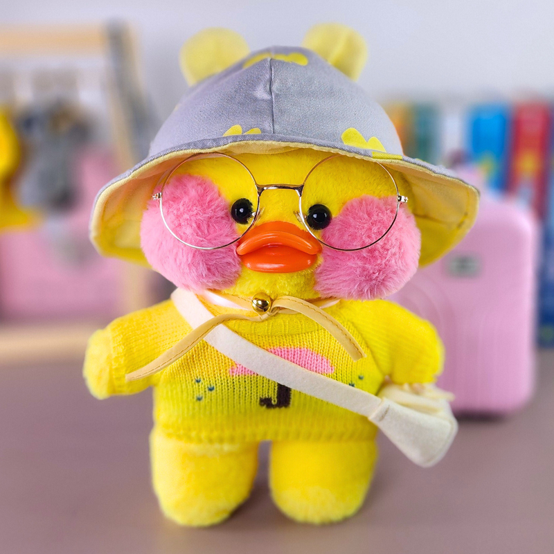 Pato Lalafanfan Amarelo Paper Duck de pelúcia com roupas e acessórios blusão guarda-chuva com chapéu