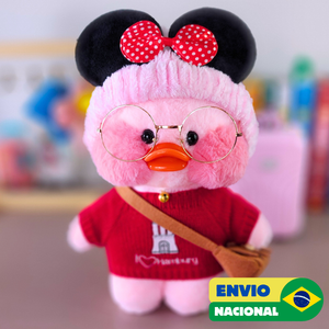 Paper Duck Pato Lalafanfan Rosa de pelúcia com roupas e acessórios blusão vermelho i love hamburg com faixa Minnie - Pronta entrega