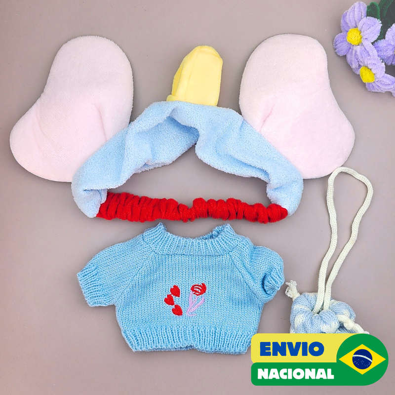 Roupa para Paper Duck Lalafanfan blusão azul claro e faixa elefante - Pronta entrega