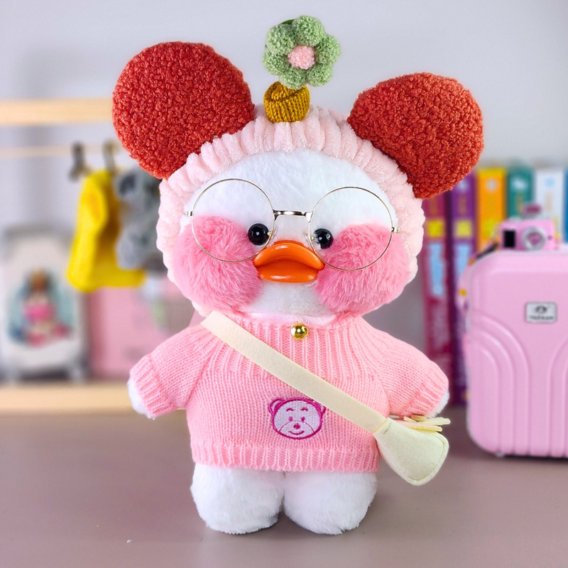 Paper Duck Pato Lalafanfan Branco de pelúcia com roupas e acessórios blusão rosa urso com faixa Minnie