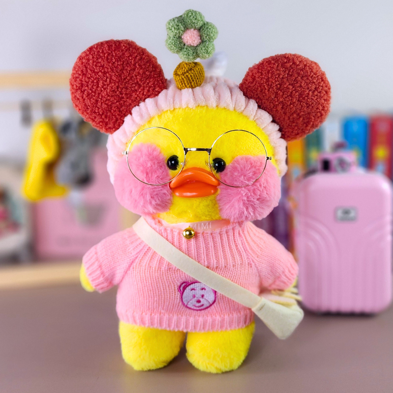 Paper Duck Pato Lalafanfan Amarelo de pelúcia com roupas e acessórios blusão rosa urso com faixa Minnie