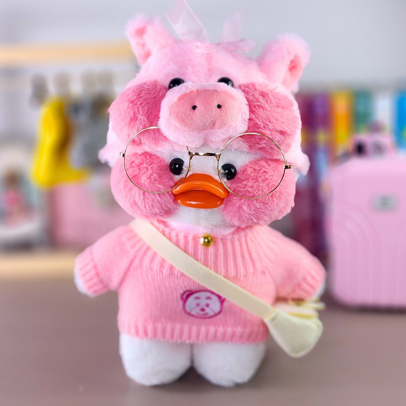 Pato Lalafanfan Branco Paper Duck de pelúcia com roupas e acessórios blusão rosa urso com touca pig