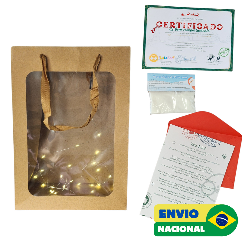 Sacola para presente com Led Kraft Natal Lúdico com carta do Papai Noel