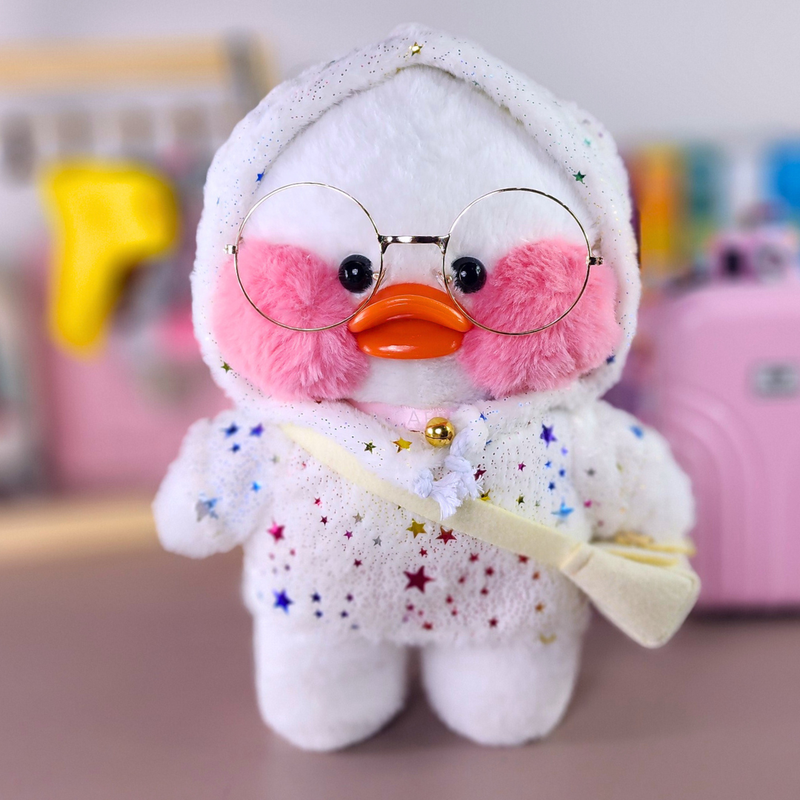 Pato Lalafanfan Branco Paper Duck de pelúcia com roupas e acessórios moletom estrelas