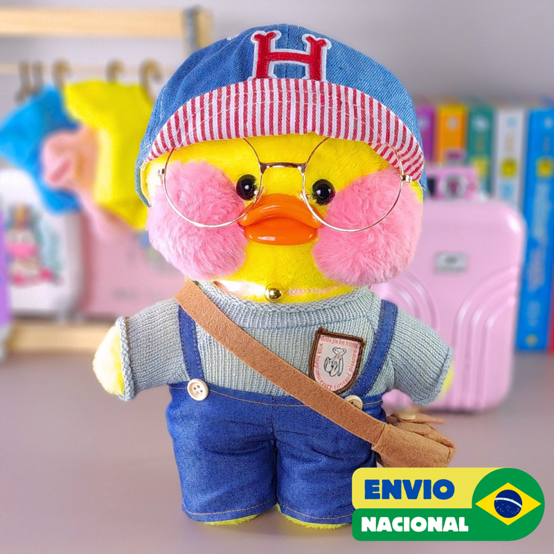 Paper Duck Pato Lalafanfan Amarelo de pelúcia com roupas e acessórios macacão com boné - Pronta Entrega