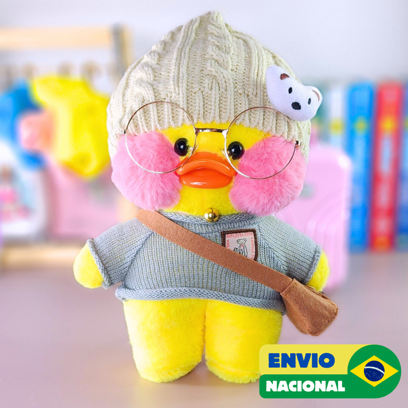 Paper Duck Pato Lalafanfan de pelúcia com blusão cinza touca urso - Pronta Entrega