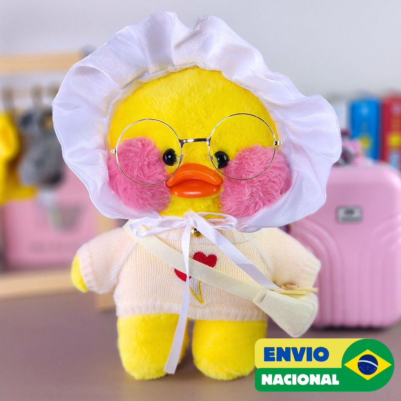 Paper Duck Pato Lalafanfan de pelúcia Baby duck com blusão branco corações e touca bebê - Pronta entrega