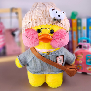 Paper Duck Pato Lalafanfan Amarelo de pelúcia com roupas e acessórios blusão cinza com touca urso - Pronta Entrega