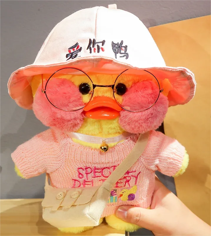 Pato Lalafanfan Amarelo Paper Duck de pelúcia com roupas e acessórios Conjunto rosa com chapéu
