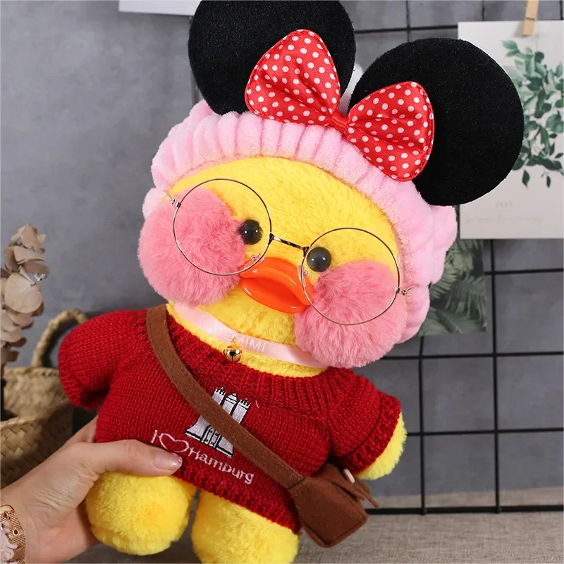 Pato Lalafanfan Amarelo Paper Duck de pelúcia com roupas e acessórios Conjunto Minnie