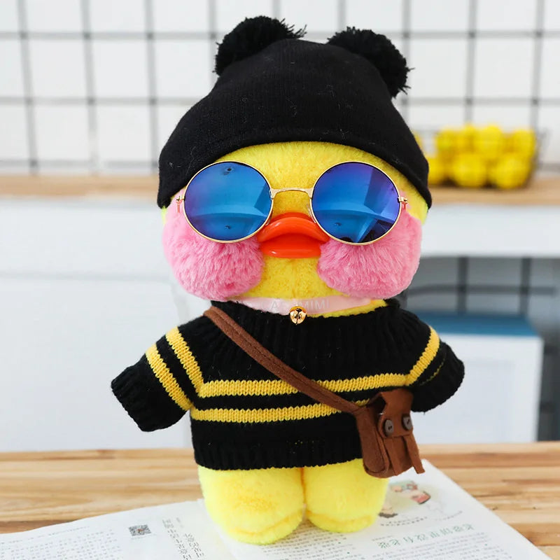 Pato de pelúcia Lalafanfan Amarelo com roupas e acessórios Conjunto óculos escuros