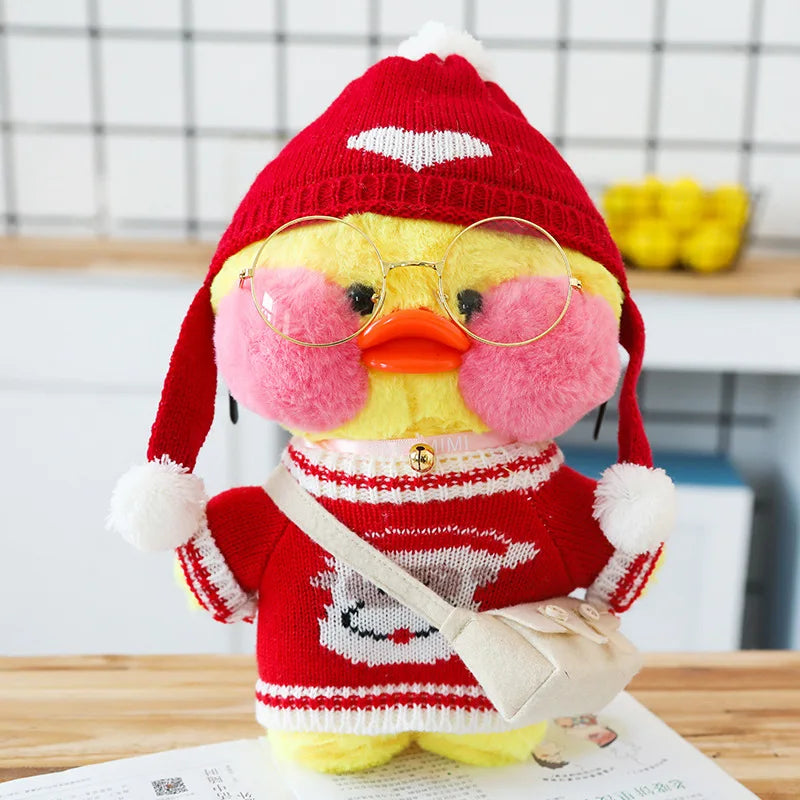 Pato Lalafanfan Amarelo Paper Duck de pelúcia com roupas e acessórios Conjunto Papai Noel