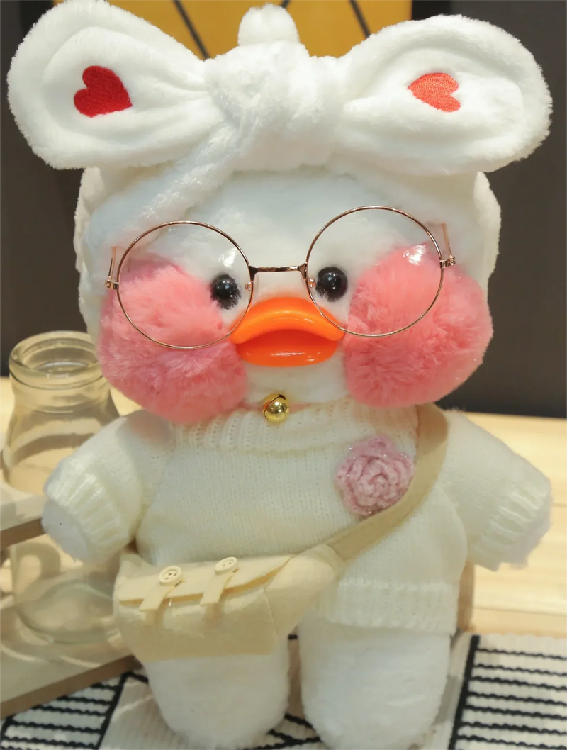 Pato Lalafanfan Branco Paper Duck de pelúcia com roupas e acessórios Conjunto branco com flor - Pronta entrega