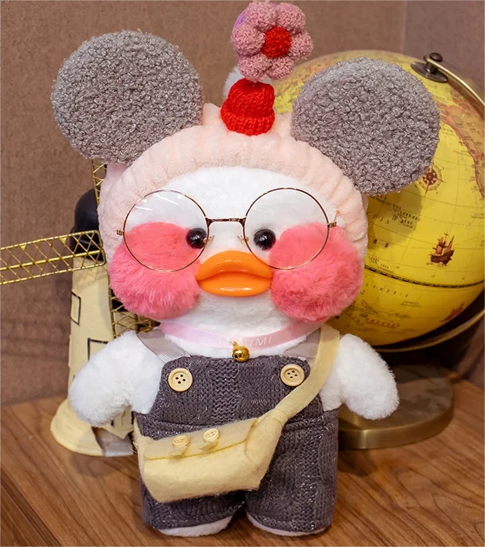 Pato Lalafanfan Branco Paper Duck de pelúcia com roupas e acessórios Conjunto macacão com orelha de Minnie
