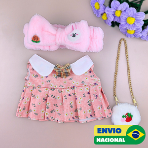 Roupa para Paper Duck Lalafanfan vestido floral rosa com faixa coelho - Pronta entrega