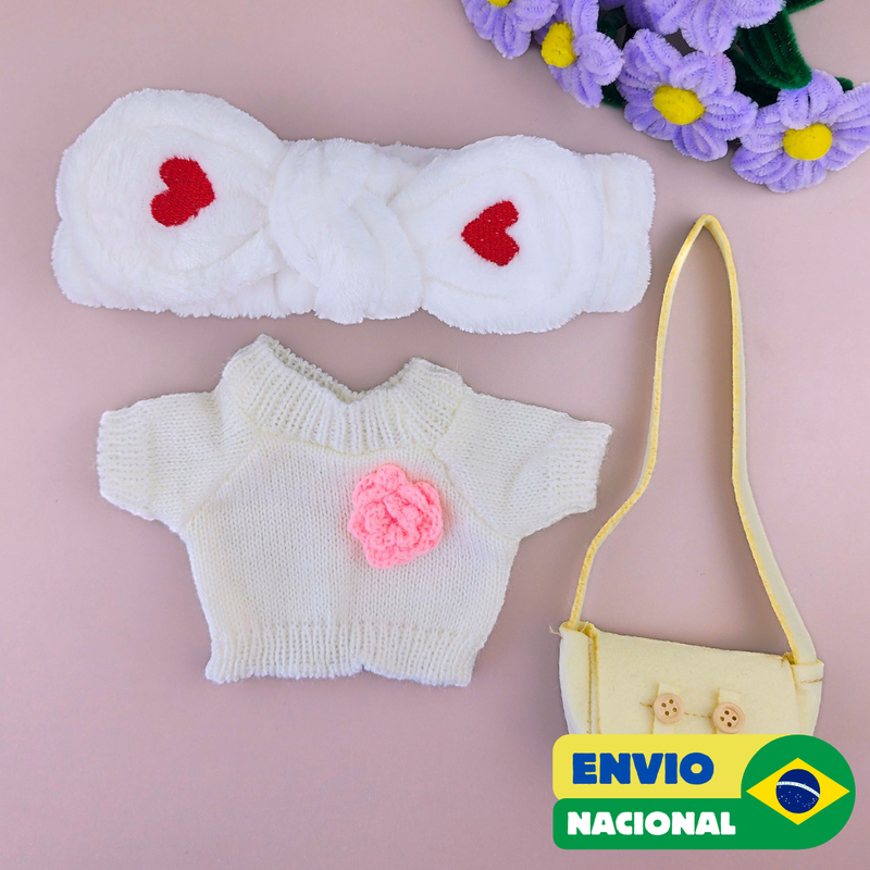 Roupa para Paper Duck Lalafanfan blusão branco flor com faixa coração - Pronta entrega