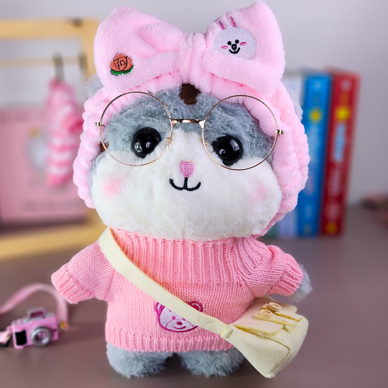 Gato Cinza Lalafanfan de pelúcia 30cm Conjunto urso rosa