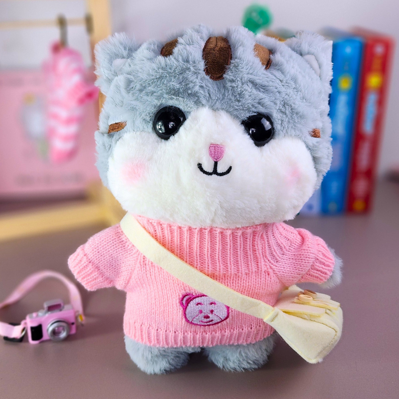 Gato Cinza Lalafanfan de pelúcia 30cm Blusão urso rosa