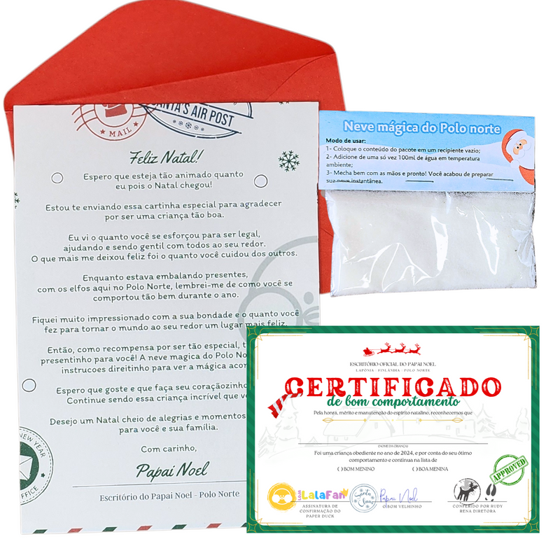 Carta do Papai Noel com Neve mágica e certificado de bom comportamento