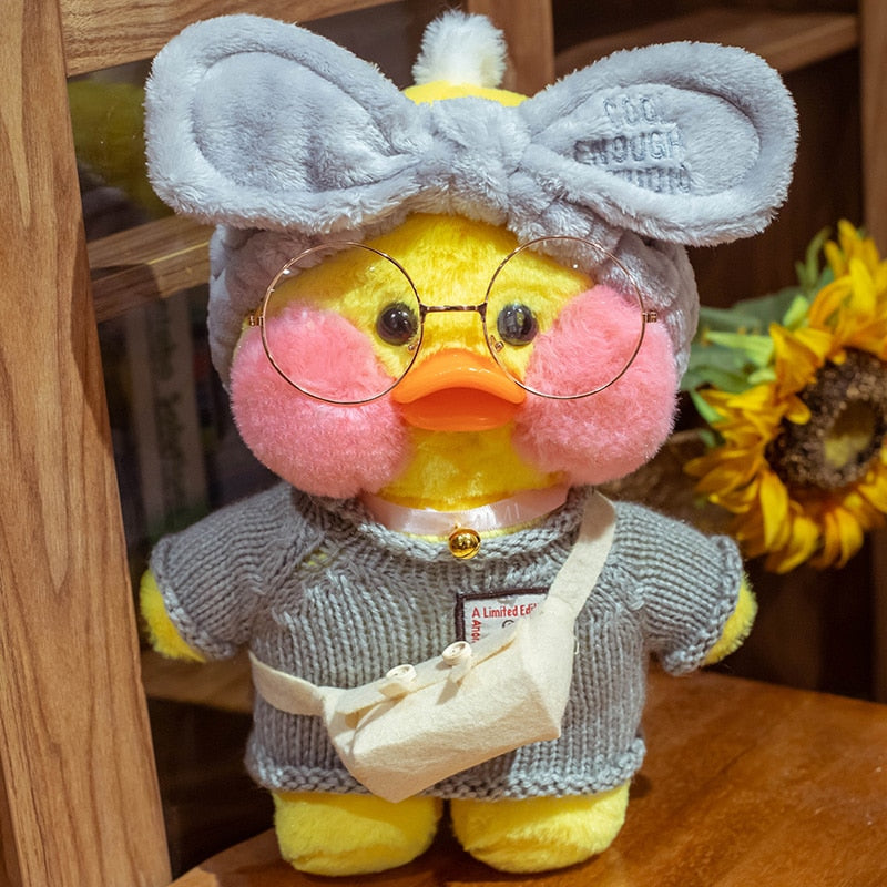 Pato Lalafanfan Amarelo Paper Duck de pelúcia com roupas e acessórios Conjunto cinza - Pronta entrega