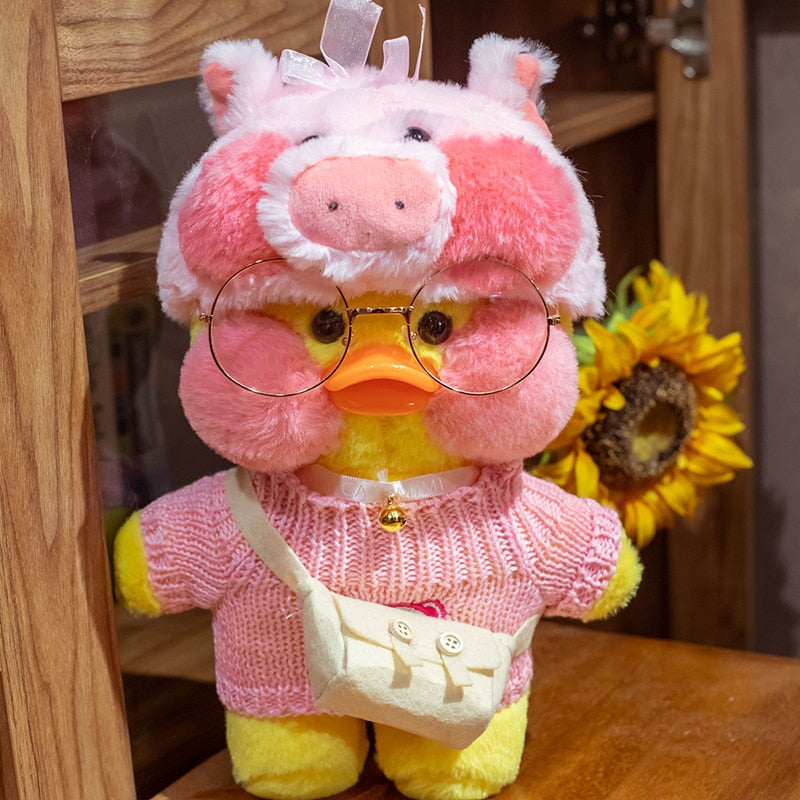 Pato Lalafanfan Amarelo Paper Duck de pelúcia com roupas e acessórios Conjunto porco - Pronta Entrega