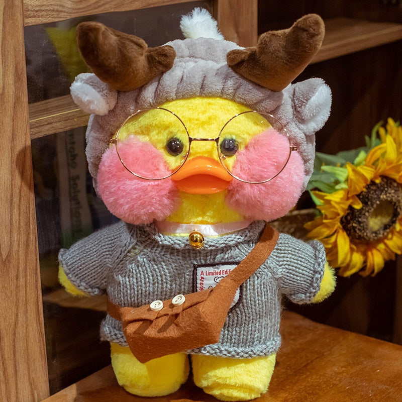 Pato Lalafanfan Amarelo Paper Duck de pelúcia com roupas e acessórios Conjunto rena - Pronta entrega