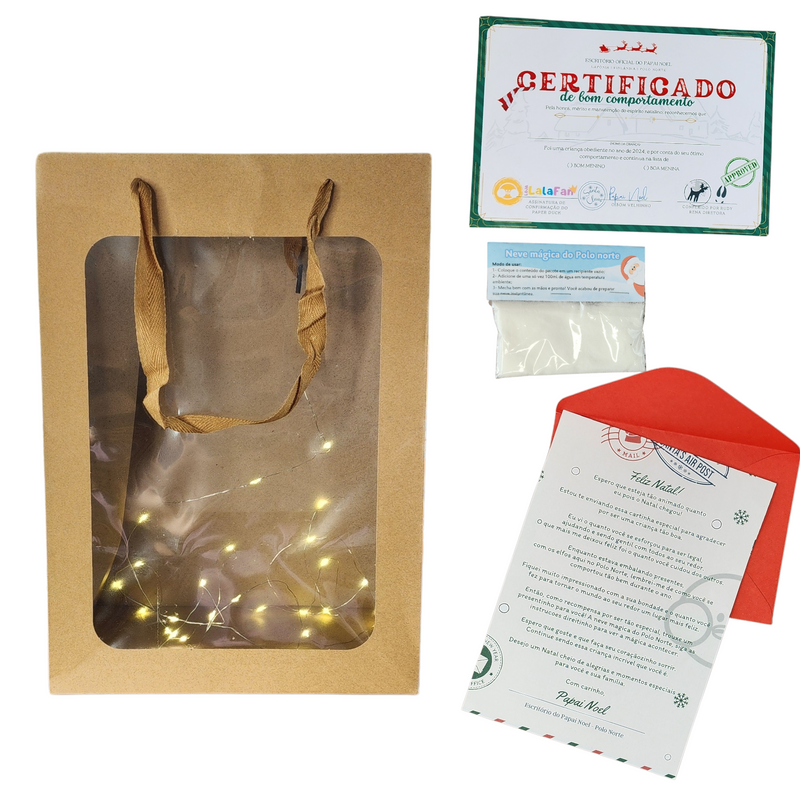 Sacola para presente com Led Kraft Natal Lúdico com carta do Papai Noel