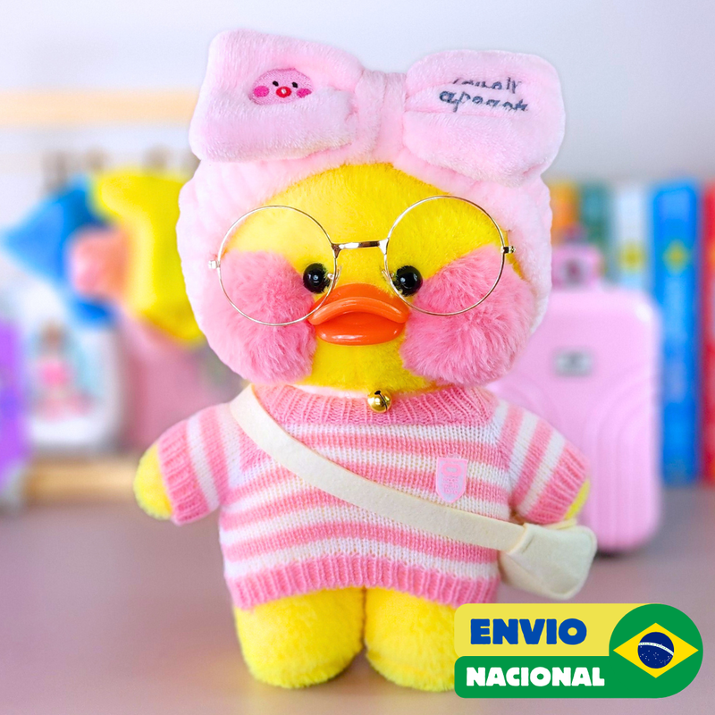 Paper Duck Pato Lalafanfan de pelúcia com blusão listrado rosa com faixa pato - Pronta Entrega