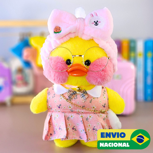 Paper Duck Pato Lalafanfan de pelúcia com vestido floral rosa com faixa coelho - Pronta Entrega