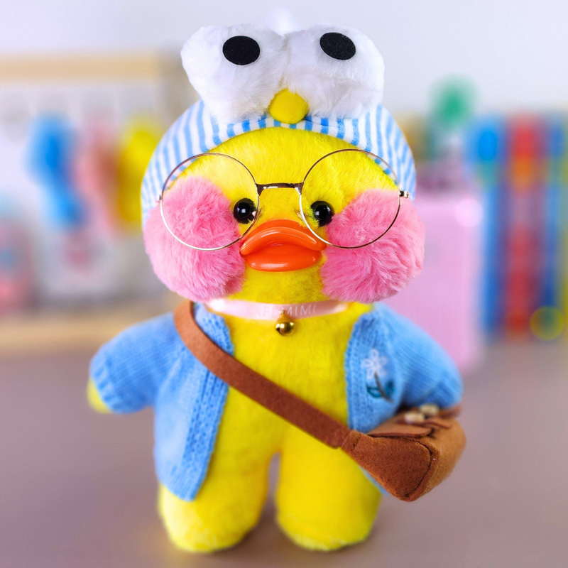 Pato Lalafanfan Amarelo Paper Duck de pelúcia com roupas e acessórios casaco azul com faixa zoiudo