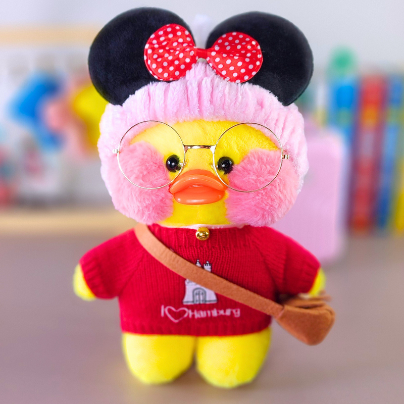 Pato Lalafanfan Amarelo Paper Duck de pelúcia com roupas e acessórios blusão vermelho i love hamburg com faixa Minnie