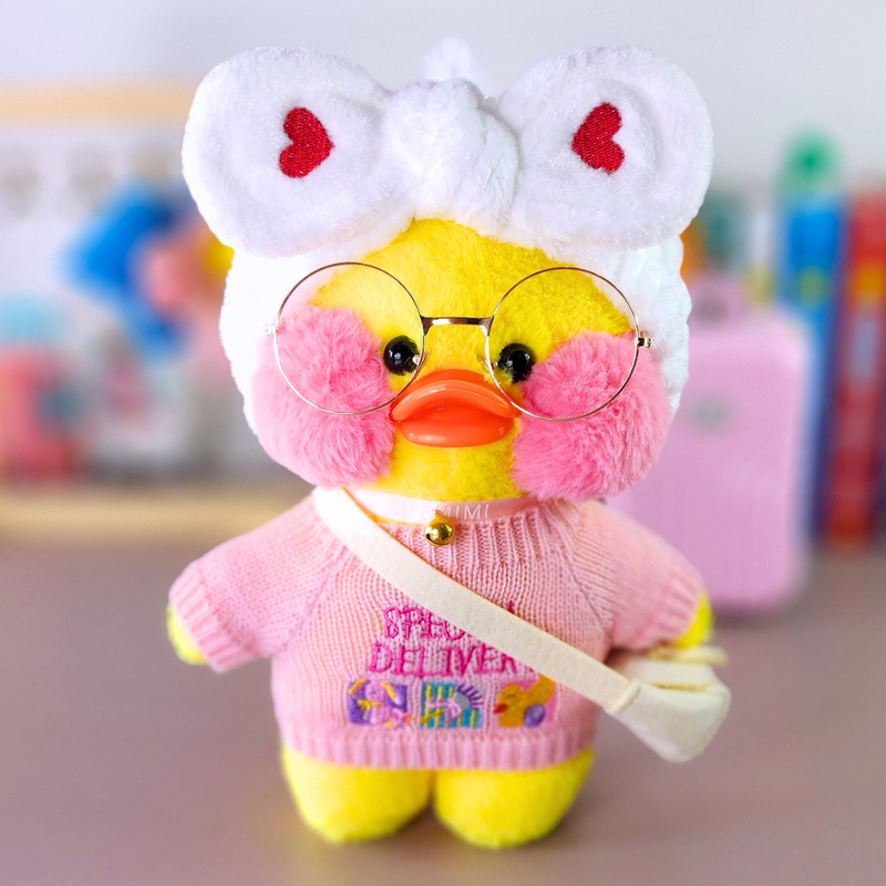 Pato Lalafanfan Amarelo Paper Duck de pelúcia com roupas e acessórios blusão special delivery com faixa coração