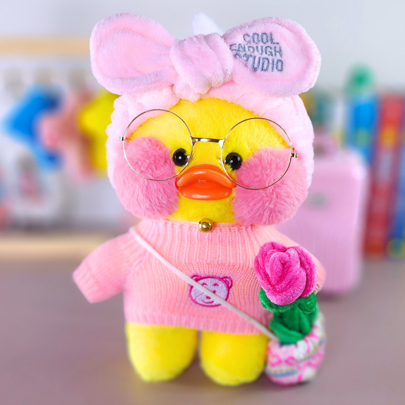 Paper Duck Pato Lalafanfan Amarelo de pelúcia com roupas e acessórios blusão rosa urso faixa cool